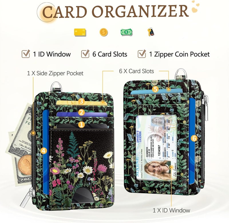 Kelvoris Wildflower Credit Card Holder Small Wallet Women, Flowers Slim RFID Blocking Wallet Woman Keychain with Zipper Coin Pocket, Front Pocket Thin Travel Card Case with ID Window for Ladies Gifts - Image 3